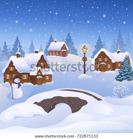 Vector cartoon illustration of a beautiful Christmas village and a snow man