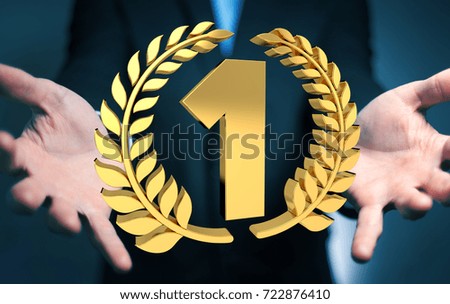 Businessman on blurred background winning the first golden price 3D rendering