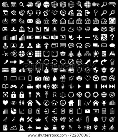 White internet web icons collection on black background