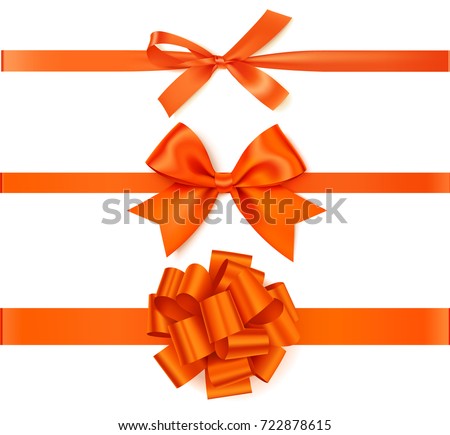 Set of decorative orange bows with horizontal orange ribbons isolated on white background. Beautiful autumn bow with ribbon. Vector illustration