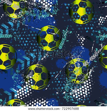 Abstract seamless pattern for boys. Football pattern. Grunge urban pattern with football ball. Sport wallpaper on black background with white and blue and green. Repeated sport pattern.