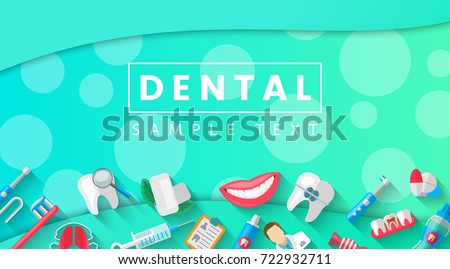 Dental Banner Background Concept With Flat Icons Isolated. Vector Illustration, Dentistry, Orthodontics. Healthy clean teeth. Dental instruments and equipment. Illustration for your projects Royalty-Free Stock Photo #722932711