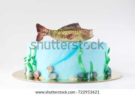 Art cake with fish, designed in the form of an underwater world with algae and pebbles. Picture for a menu or a confectionery catalog.