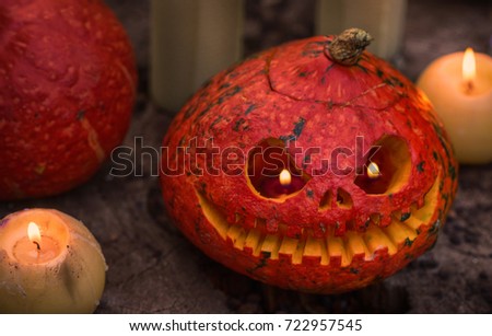 Close up of red scary and angry pumpkin with big eyes and tooth looking and smiling at camera. Decoration for Halloween holiday at forest outdoor. Funny october holiday.
