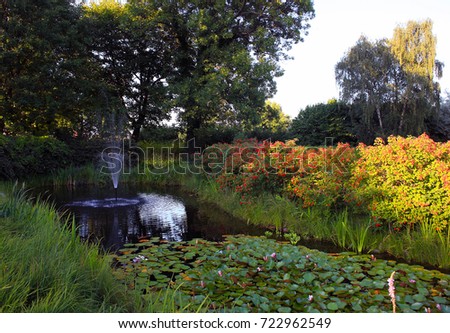 Fountain in pond with water lilies and viburnum bushes