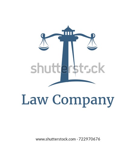 Vector logo template for law company. Illustration of blue lighthouse with scales. EPS10. Creative idea for lawyer logotype. Maritime sign.