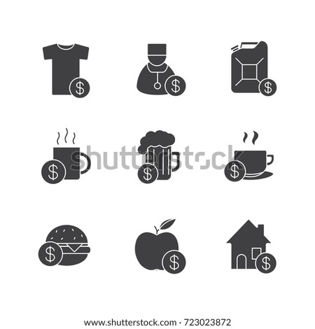 Commercial items glyph icons set. Shopping silhouette symbols. Buy food, petrol, drinks, real estate, clothes, doctor services. Raster isolated illustration