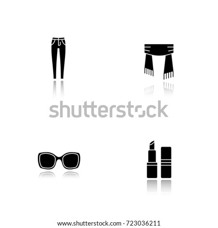 Women's accessories drop shadow black glyph icons set. Skinny jeans, scarf, sunglasses, lipstick. Isolated raster illustrations
