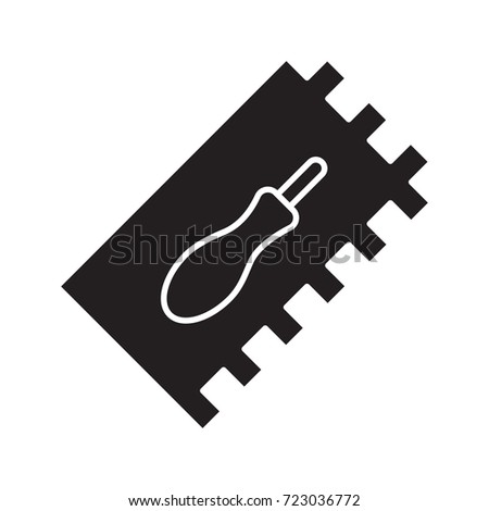 Rectangular notched trowel glyph icon. Tiler tool. Construction spatula. Silhouette symbol. Negative space. Raster isolated illustration