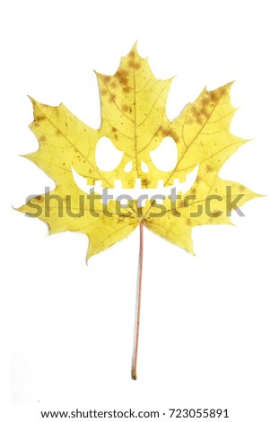 Single yellow autumn leaf with Halloween face, isolated