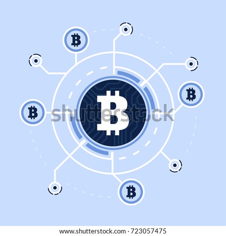 How work cryptocurrency network flat scheme illustration. Bitcoin sign on blue background