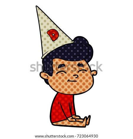 happy cartoon man sitting with dunce cap on head