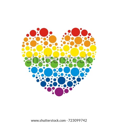Mosaic rainbow heart on white background. Coloring drops. Seven colors.
