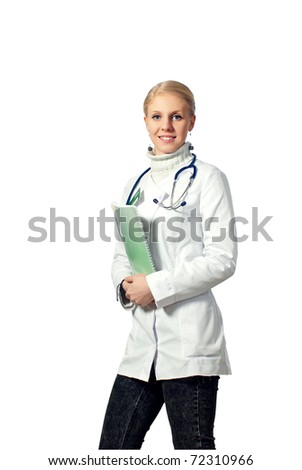 Beautiful young doctor with stethoscope. Isolated on white background.