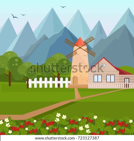 Farm house in the mountains with strawberries growing. Natural environment Vector