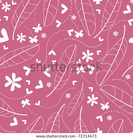 Decorative flowers and feathers on pink background seamless - pattern