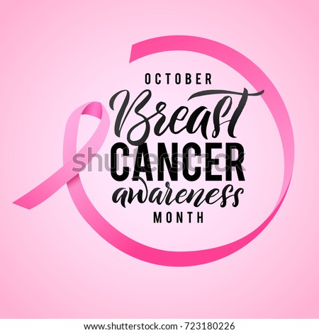 Breast Cancer Awareness Calligraphy Poster Design. Ribbon around letters. Vector Stroke Pink Ribbon. October is Cancer Awareness Month.