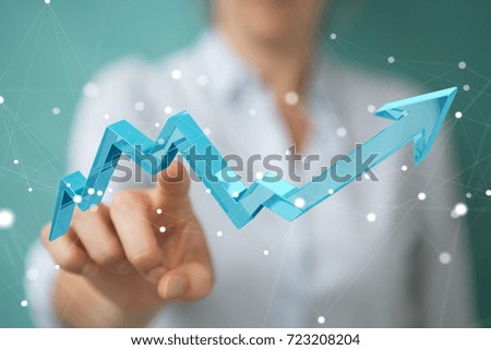 Businesswoman on blurred background using digital modern arrow 3D rendering