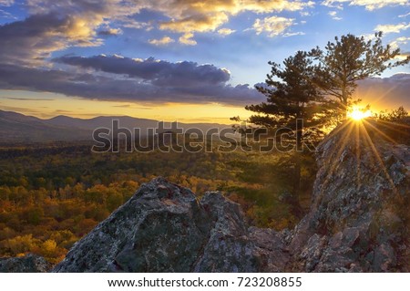 Mellow autumn in the mountains. Bolshekhekhtsirsky Nature Reserve. Khabarovsk region, far East, Russia. Royalty-Free Stock Photo #723208855