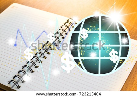 infographic world vector on notepad or book on wood board background.using wallpaper for education, business photo.Take note of the product for book with paper and concept, object or copy space.