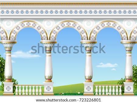 Balcony of a fabulous palace in eastern classical style with a view of the green landscape. Vector graphics