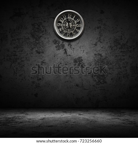Old white clock on wall in dark vintage room background