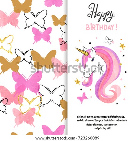 Birthday card design with beautiful unicorn for little girl. Vector illustration.