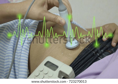 Doctor use digital medical tool for pregnant women And pulse line illustrations.