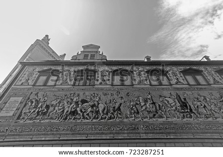 Dresden. Germany. Fragment of a large painting "Procession of Princes". Black and white tone. It was originally painted between 1871 and 1876 to celebrate the 800th anniversary of the Wettin Dynasty.