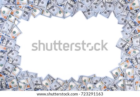 Background with money american hundred dollar bills with copy space inside. Frame of banknotes denominations of 100 dollars