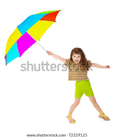 Little happy girl is playing with colored umbrella isolated on white background