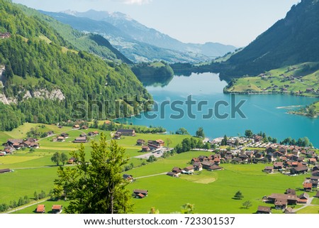 Spectacular mountain views and lake Sarnen (Sarnersee) panorama in the Swiss Alps landscape, Switzerland Royalty-Free Stock Photo #723301537