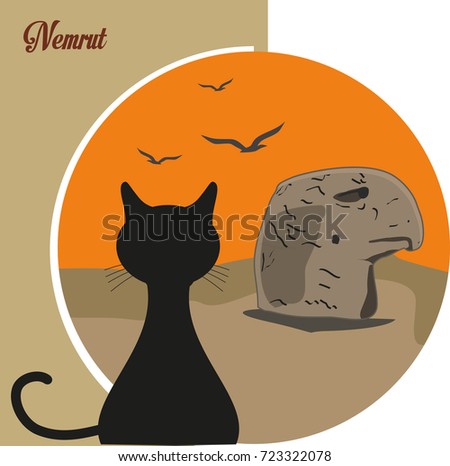 The cat that watches beautiful Nemrut – illustration - Vector illustration and silhouette drawing Adiyaman, Turkey - Vintage Nemrut Mountain Poster Design