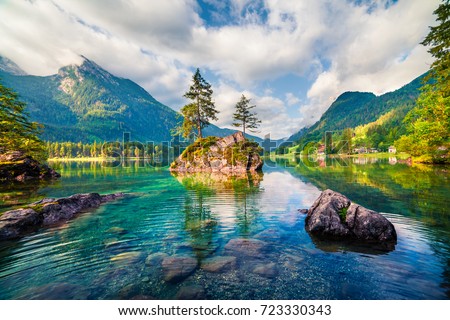 Magnificent summer scene of Hintersee lake. Colorful morning view of Austrian Alps, Salzburg-Umgebung district, Austria, Europe. Beauty of nature concept background. Royalty-Free Stock Photo #723330343