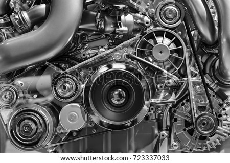 Car engine, concept of modern vehicle motor with metal and chrome details, automobile industry, monochrome