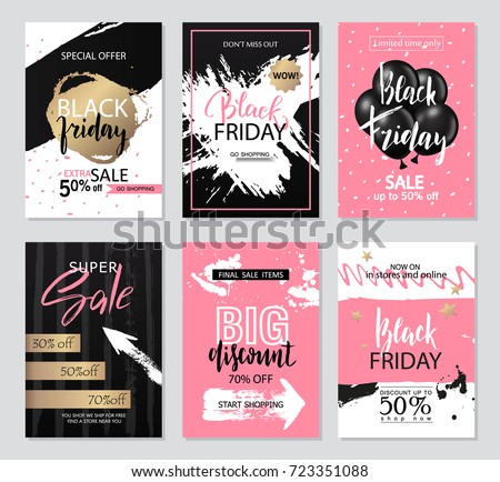 Set of sale banners with grunge elements, brush strokes and handwritten inscriptions. Black Friday sale banners. Vector illustrations of mobile website banners, posters, ads, coupons.
