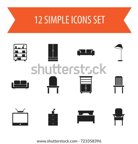 Set Of 12 Editable Furnishings Icons. Includes Symbols Such As Television, Bed, Cupboard And More. Can Be Used For Web, Mobile, UI And Infographic Design.