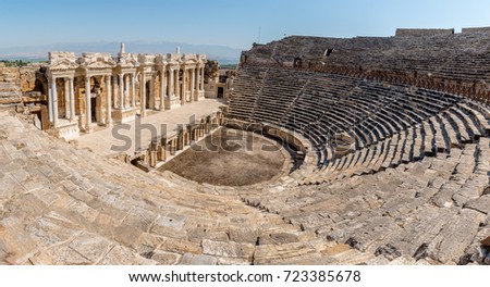 High Resolution panoramic view of Antique Theater in ancient Greek city Hierapolis, Pamukkale, Turkey