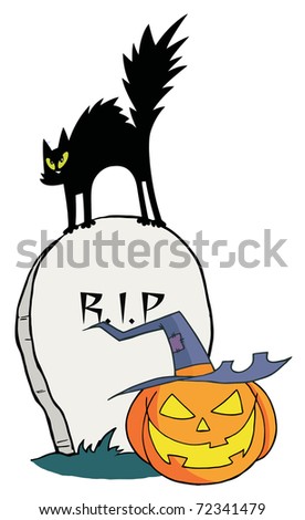 Black Cat And Jack O Lantern On A Tombstone