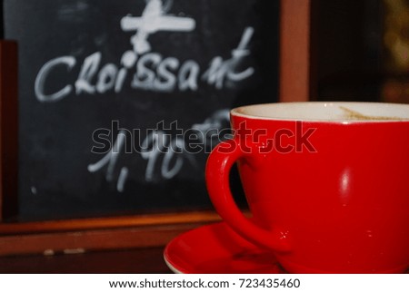 French Cafe - Red Coffee Cup - Croissant Chalkboard Menu On Table
