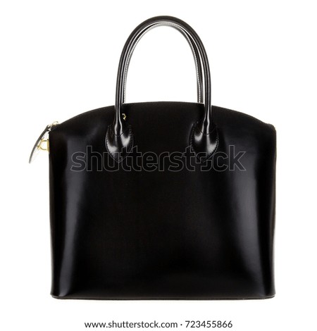 Black leather women's tote handbag on white background - Stock photo