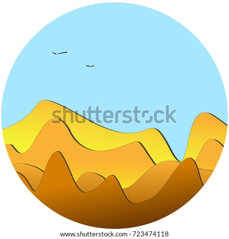 Vector image in a circle. Dunes in the desert against the sky with birds.