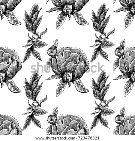 Seamless vector flower peony rose pattern with sketch flowers and leafs. Hand drawn image