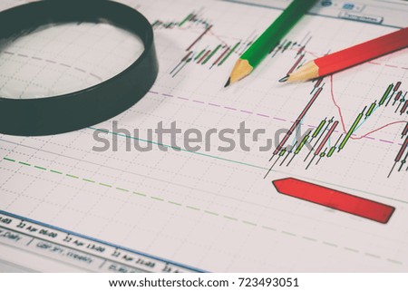 Financial graphics loupe and pencils