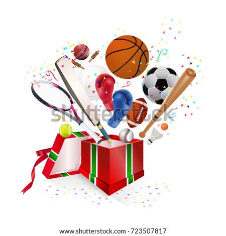 Sports equipment collection out of box with a football, basketball, baseball, soccer, tennis, ball volleyball, boxing gloves, cricket and badminton isolated on white background. vector illustration.