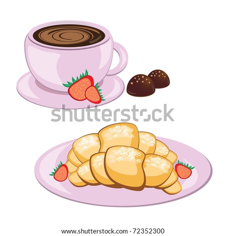 Breakfast of coffee in round mug and croissant
