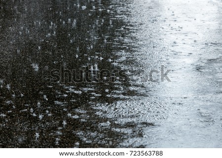 wet asphalt sidewalk with falling raindrops and water puddles during bad weather