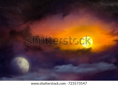 Red sunset and moon . Beautiful sunset with moon . Dramatic nature background . Moon sky and clouds .Full moon background  . Light in dark sky .landscape