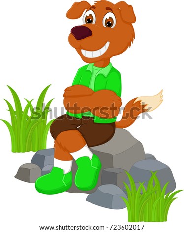 funny dog cartoon sitting on stone with enjoy