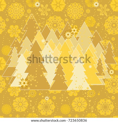 Christmas background with random scatter falling golden snowflakes and a forest of christmas trees